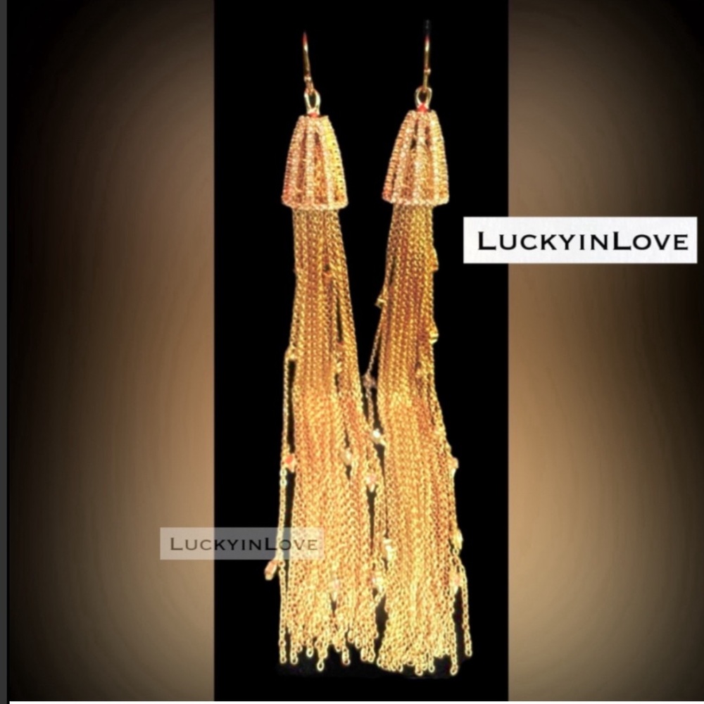 ALEXIS BITTAR • Long Gold Star Crystal Cascading Chain Tassel Earrings
